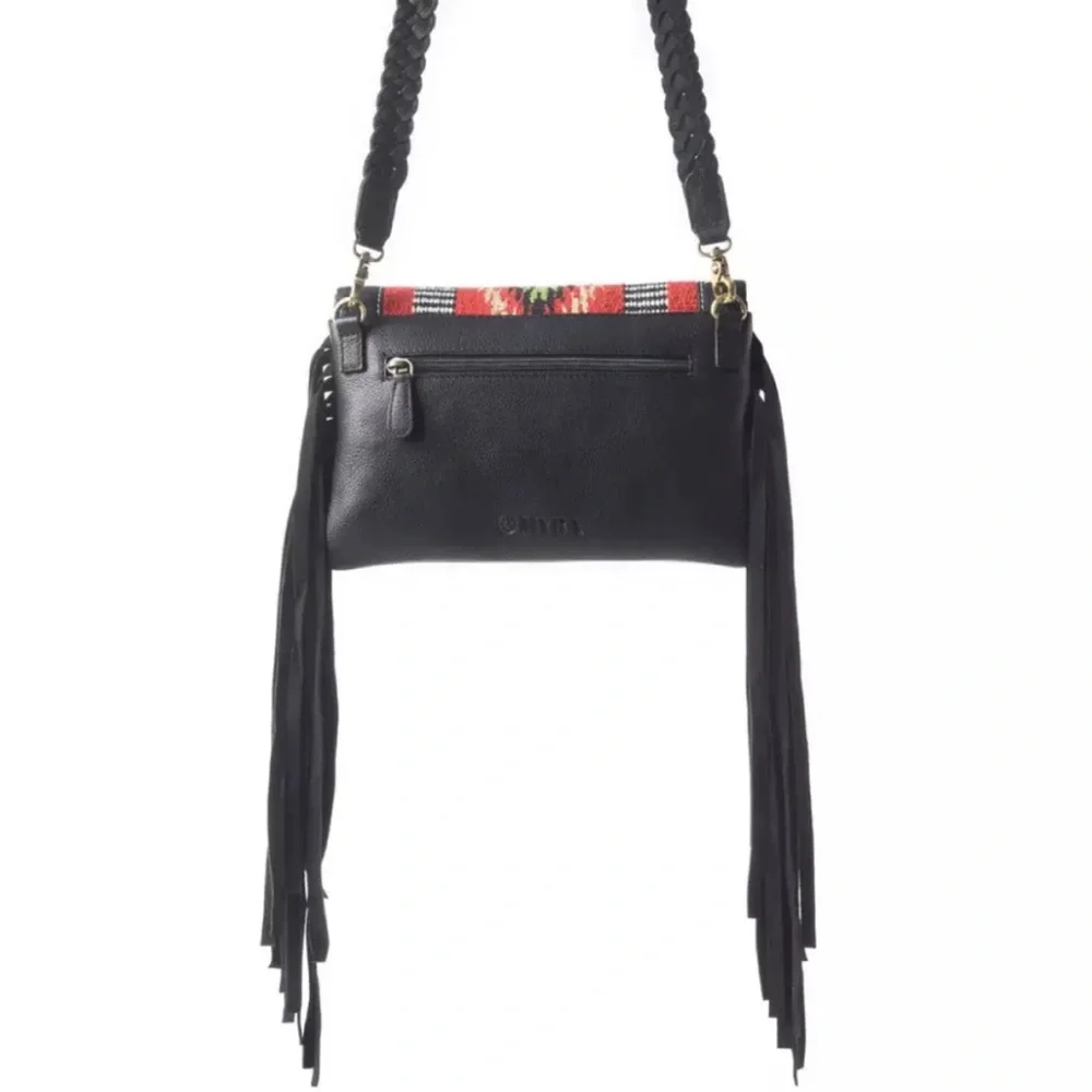 New Myra Bag Black Genuine Leather Crossbody with Aztec Rug & Fringe - Picture 2 of 12